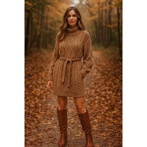 Anthropologie Amadi camel tan cable knit sweater dress medium winter‎ minimalist